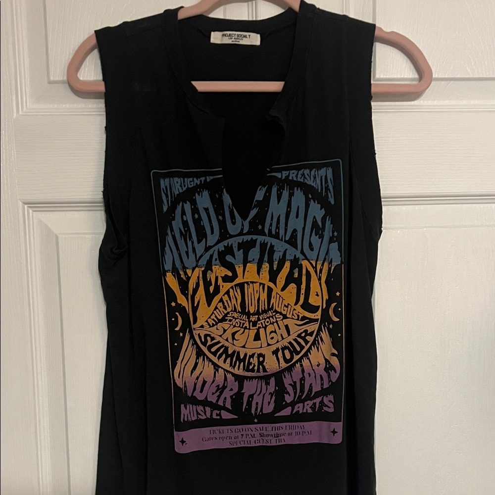 Project Social T Black Sleeveless Graphic Tank with Blue, Yellow & Purple Print